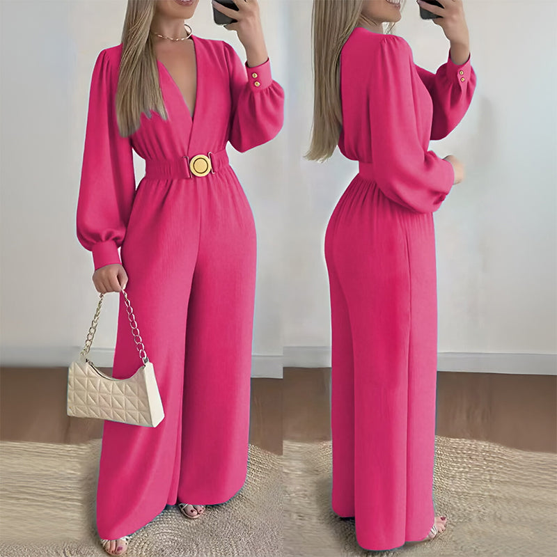 ✨👗Macacão elegante com decote em V, pernas largas e cinto