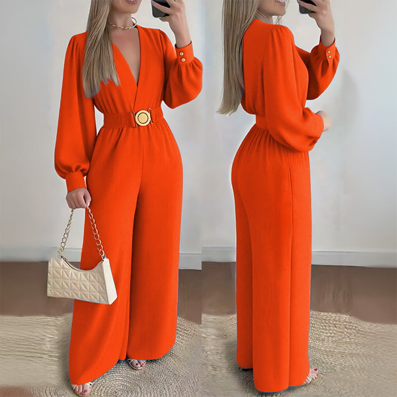 ✨👗Macacão elegante com decote em V, pernas largas e cinto