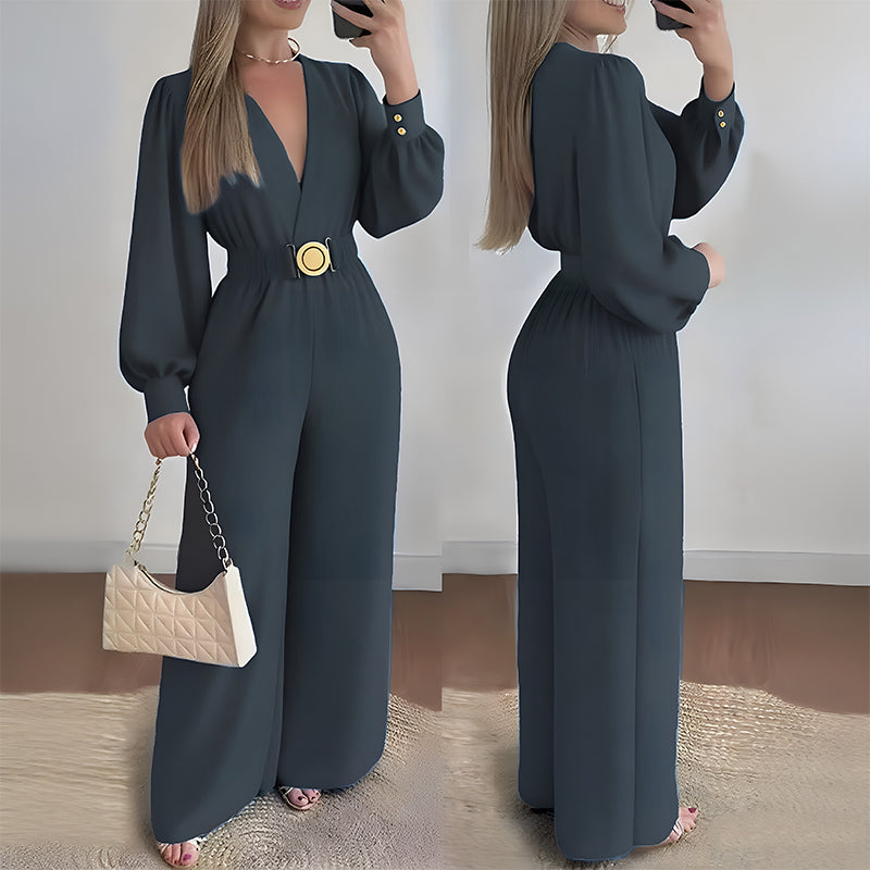 ✨👗Macacão elegante com decote em V, pernas largas e cinto