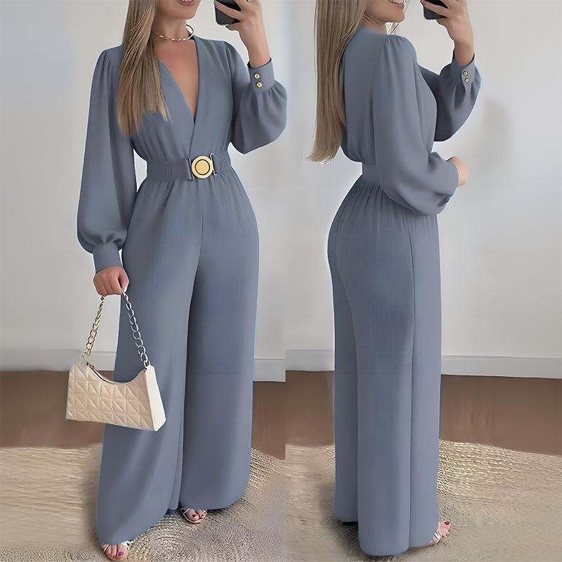 ✨👗Macacão elegante com decote em V, pernas largas e cinto