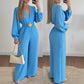 ✨👗Macacão elegante com decote em V, pernas largas e cinto