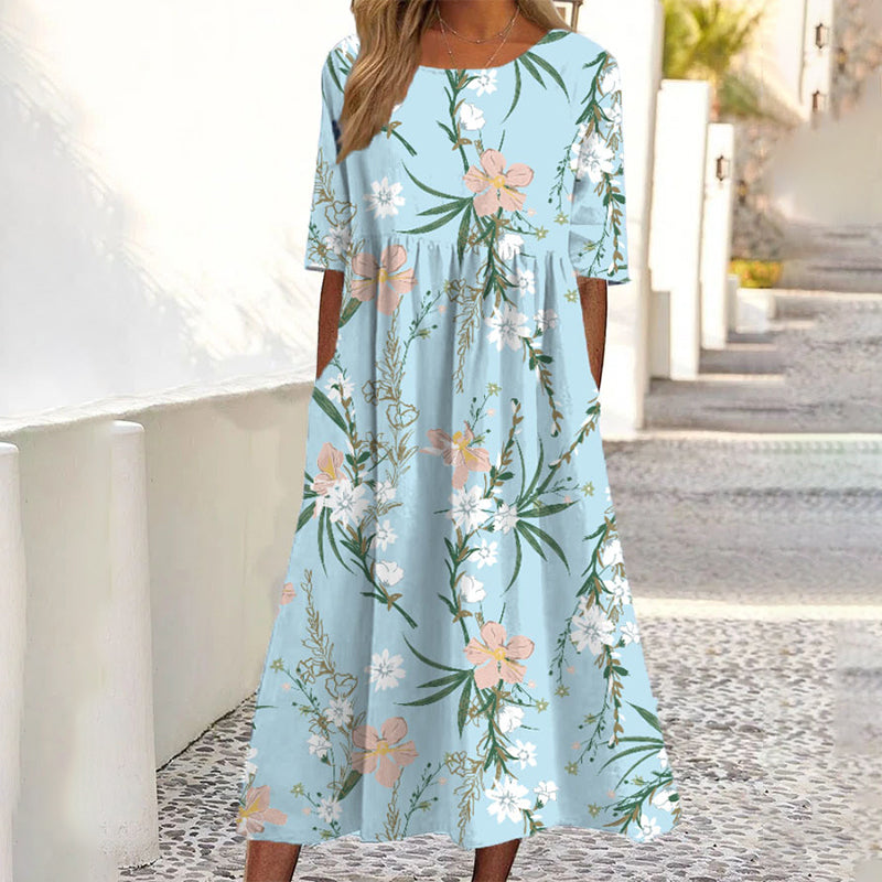 ✨Promoção Quente 50% DE DESCONTO 👗 Vestido Feminino de Manga Curta com Estampa e Bolsos