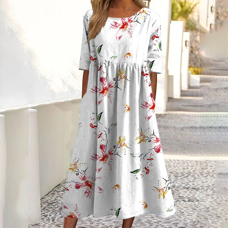 ✨Promoção Quente 50% DE DESCONTO 👗 Vestido Feminino de Manga Curta com Estampa e Bolsos