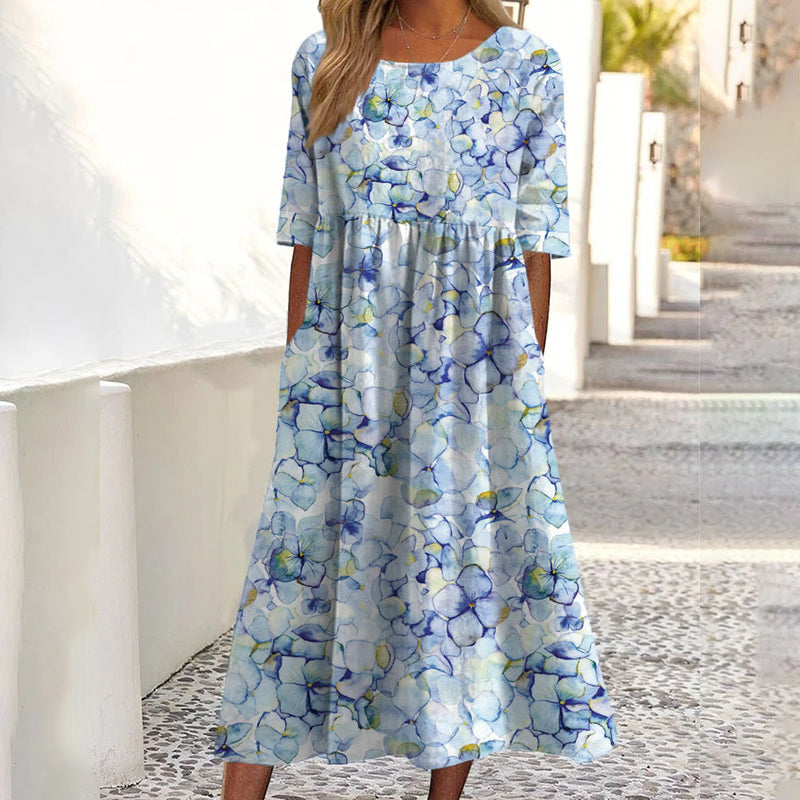 ✨Promoção Quente 50% DE DESCONTO 👗 Vestido Feminino de Manga Curta com Estampa e Bolsos