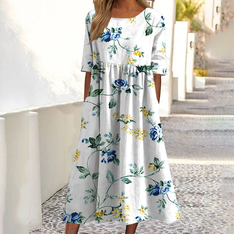 ✨Promoção Quente 50% DE DESCONTO 👗 Vestido Feminino de Manga Curta com Estampa e Bolsos