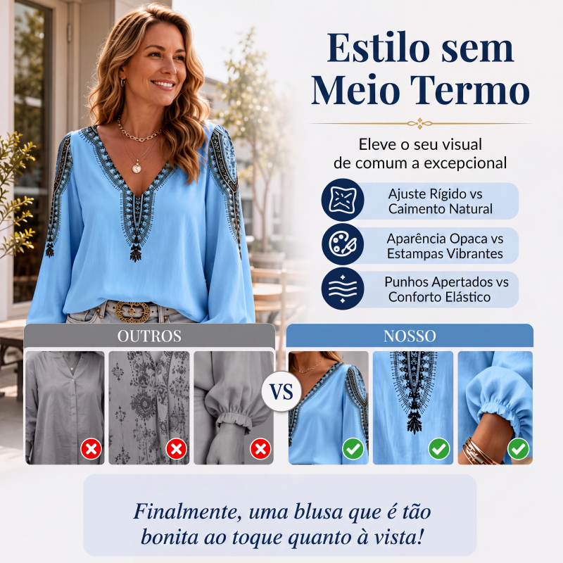 👚✨ Blusa Feminina de Manga Longa com Gola V e Estampa 3D – Estilo moderno, conforto e elegância para o dia a dia