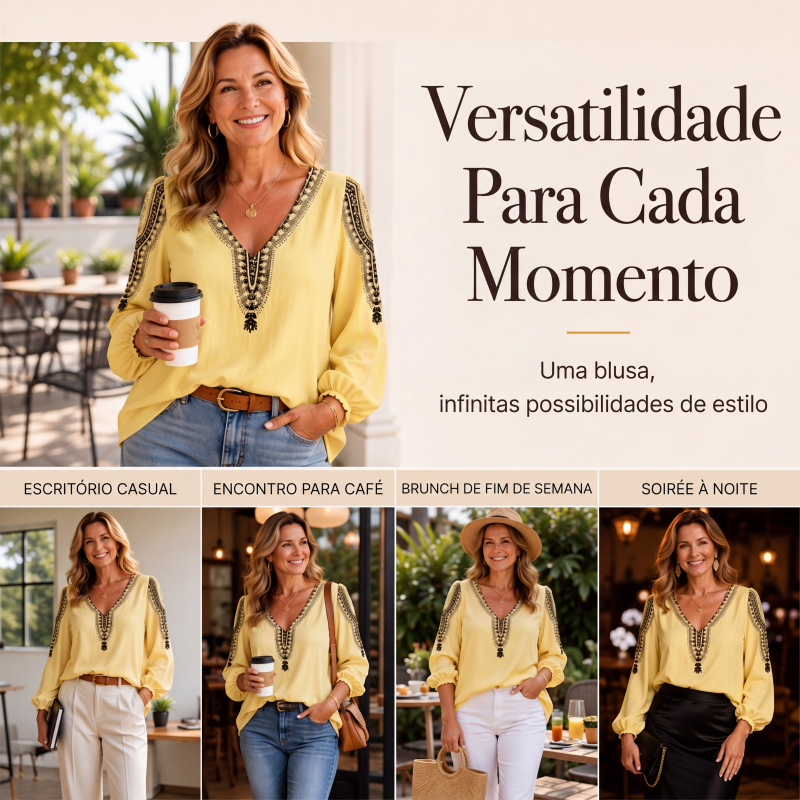 👚✨ Blusa Feminina de Manga Longa com Gola V e Estampa 3D – Estilo moderno, conforto e elegância para o dia a dia