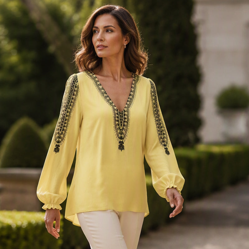 👚✨ Blusa Feminina de Manga Longa com Gola V e Estampa 3D – Estilo moderno, conforto e elegância para o dia a dia