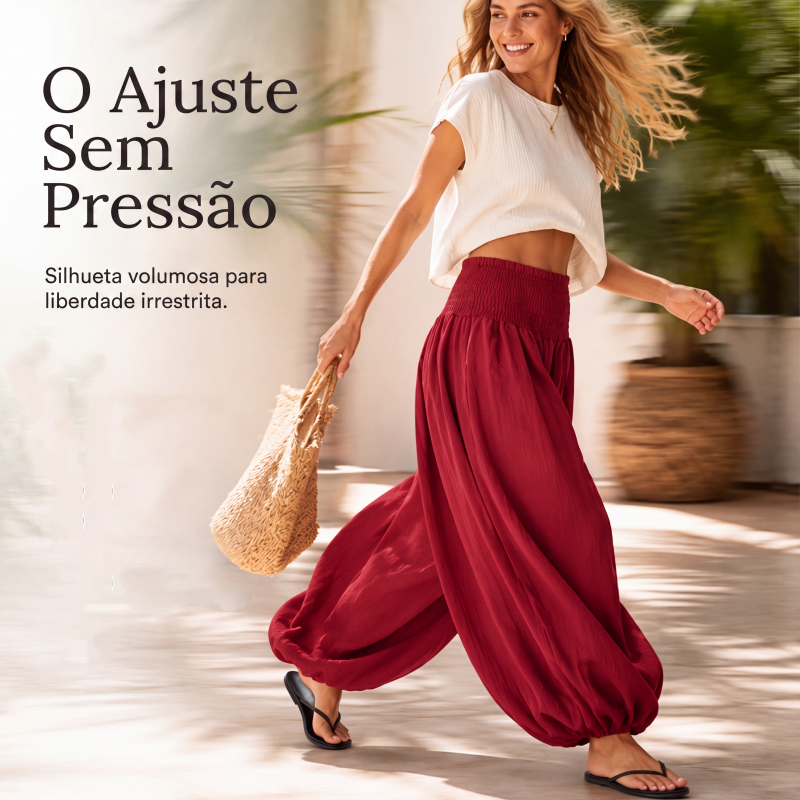 Calças harem casuais femininas com cintura franzida