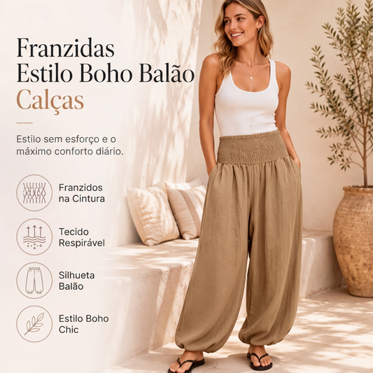 Calças harem casuais femininas com cintura franzida