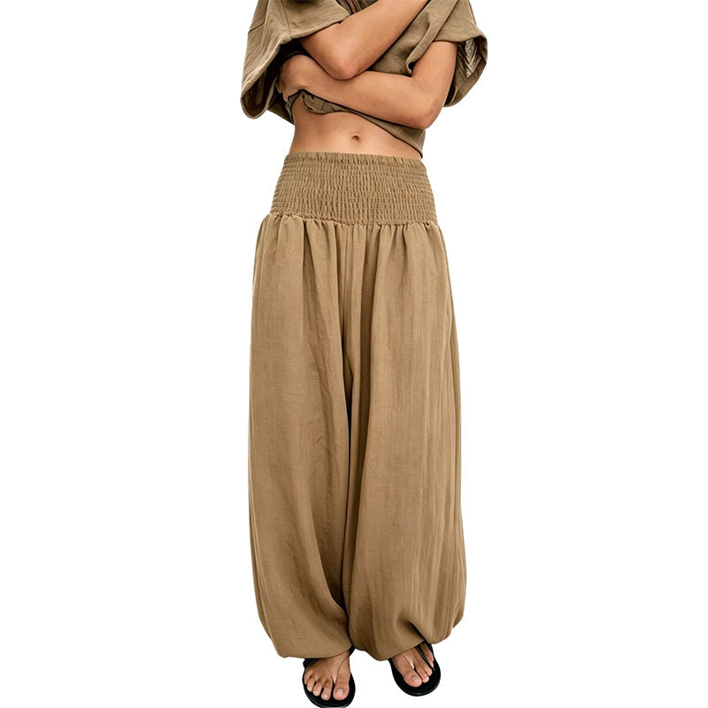 Calças harem casuais femininas com cintura franzida