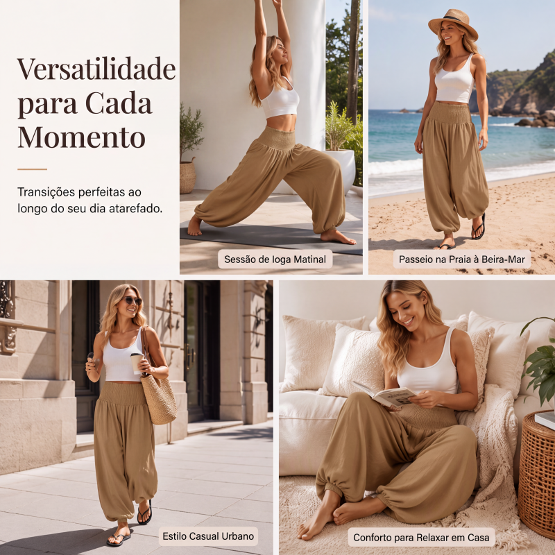 Calças harem casuais femininas com cintura franzida