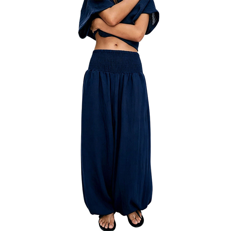Calças harem casuais femininas com cintura franzida