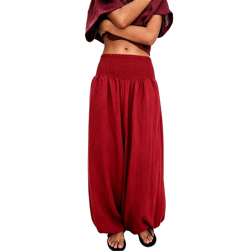 Calças harem casuais femininas com cintura franzida