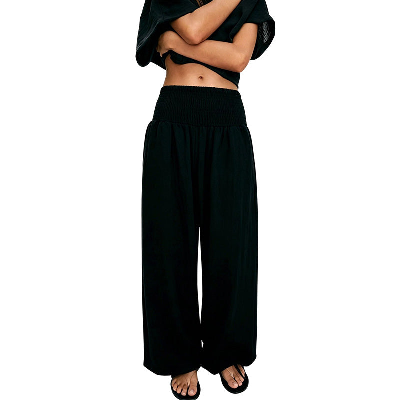 Calças harem casuais femininas com cintura franzida