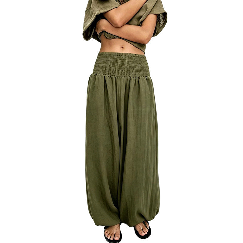 Calças harem casuais femininas com cintura franzida