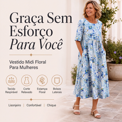 ✨Em alta agora 👗 Vestido feminino de manga curta com estampa e bolsos