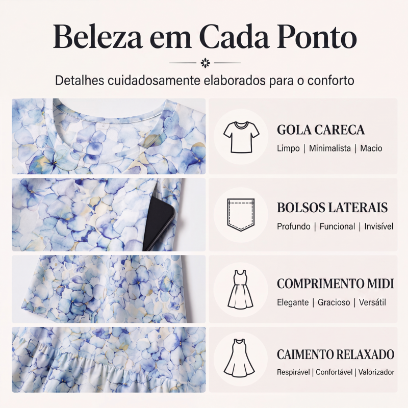 ✨Em alta agora 👗 Vestido feminino de manga curta com estampa e bolsos