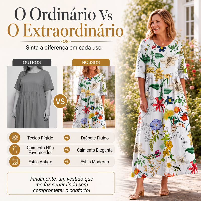 ✨Em alta agora 👗 Vestido feminino de manga curta com estampa e bolsos