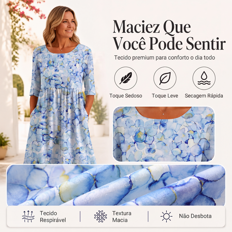 ✨Em alta agora 👗 Vestido feminino de manga curta com estampa e bolsos