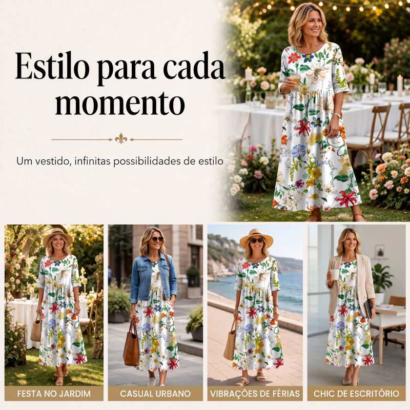 ✨Em alta agora 👗 Vestido feminino de manga curta com estampa e bolsos