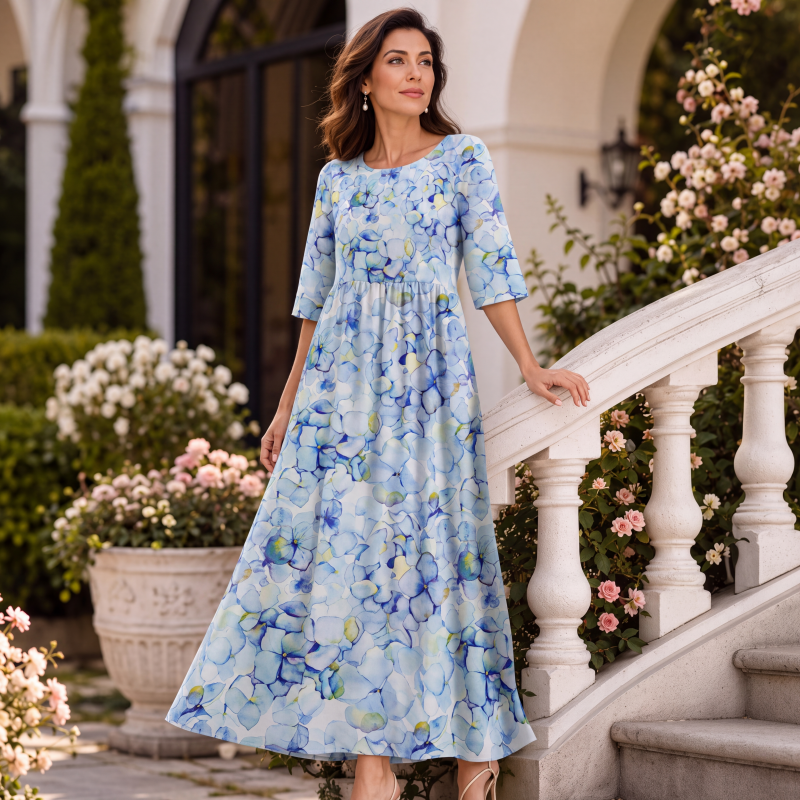 ✨Em alta agora 👗 Vestido feminino de manga curta com estampa e bolsos