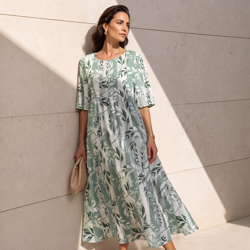 ✨Em alta agora 👗 Vestido feminino de manga curta com estampa e bolsos