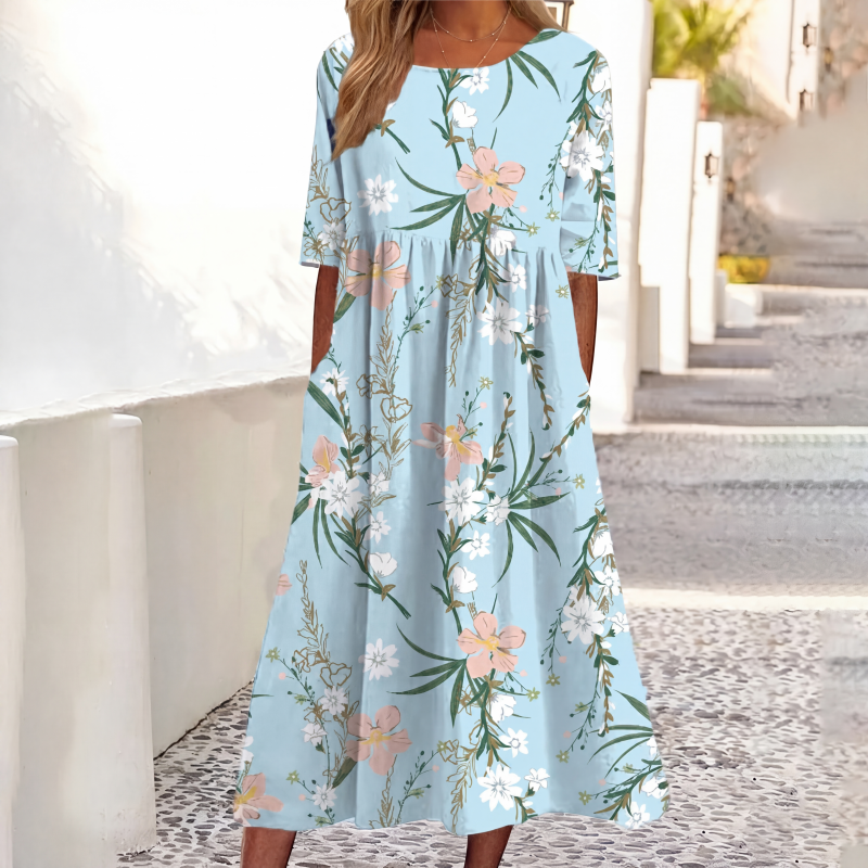 ✨Em alta agora 👗 Vestido feminino de manga curta com estampa e bolsos