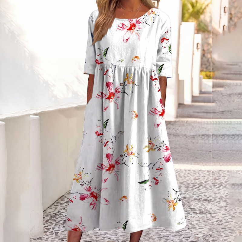 ✨Em alta agora 👗 Vestido feminino de manga curta com estampa e bolsos