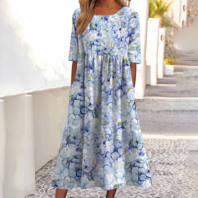 ✨Em alta agora 👗 Vestido feminino de manga curta com estampa e bolsos