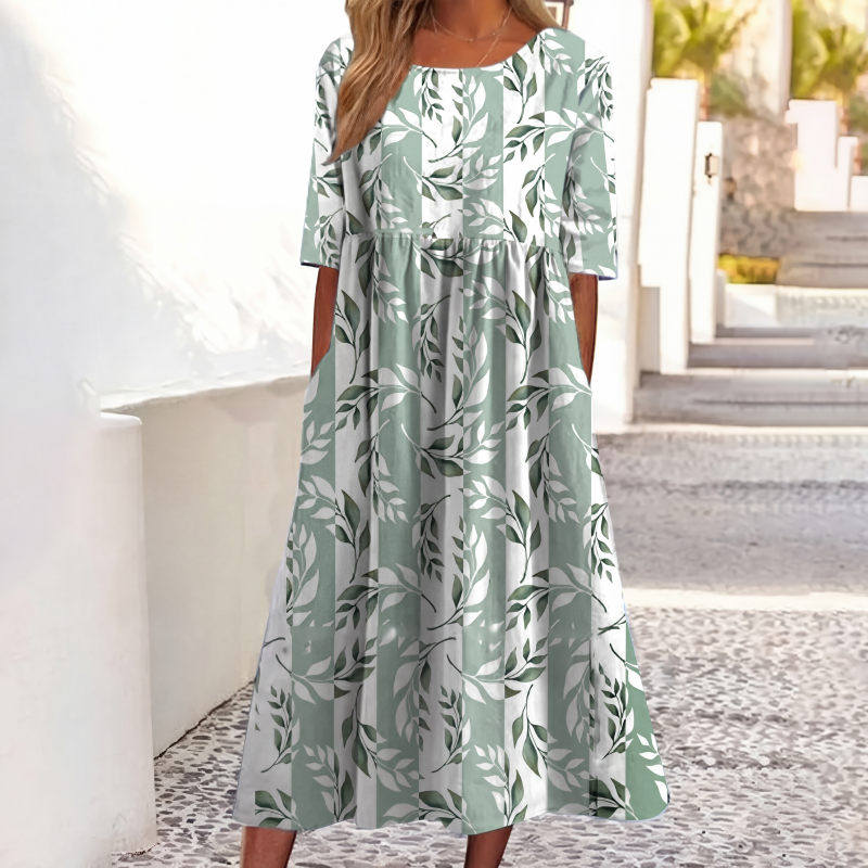 ✨Em alta agora 👗 Vestido feminino de manga curta com estampa e bolsos