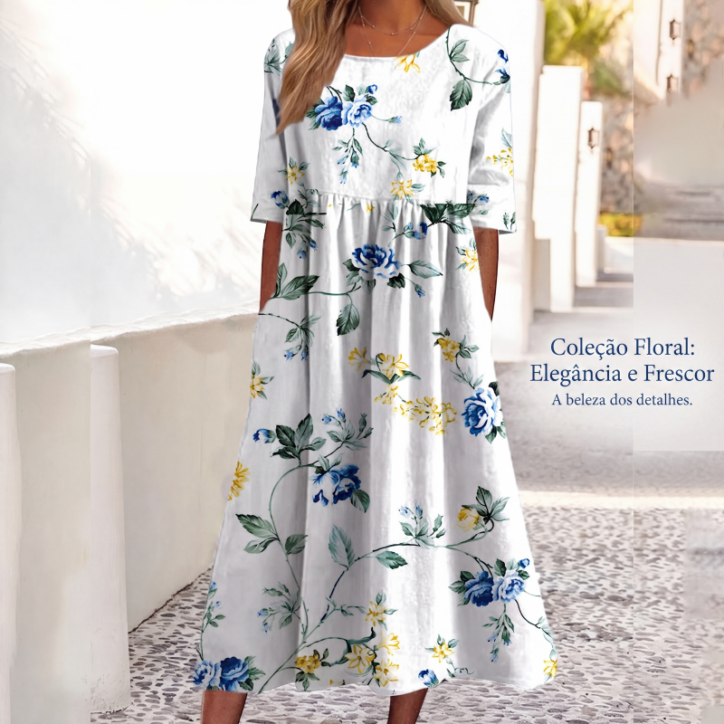 ✨Em alta agora 👗 Vestido feminino de manga curta com estampa e bolsos