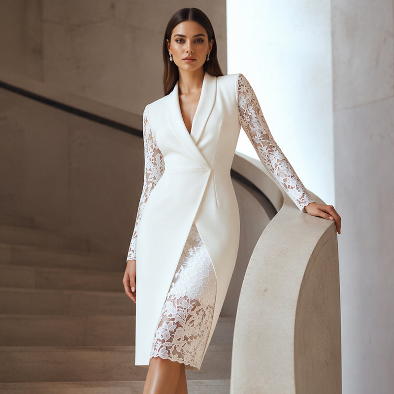Vestido bodycon elegante para mulher com decote em V e mangas de renda