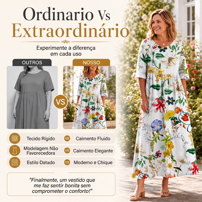 ✨Promoção Quente 50% DE DESCONTO 👗 Vestido Feminino de Manga Curta com Estampa e Bolsos