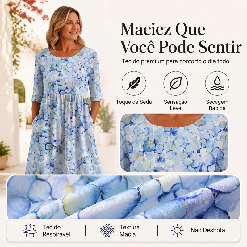 ✨Promoção Quente 50% DE DESCONTO 👗 Vestido Feminino de Manga Curta com Estampa e Bolsos