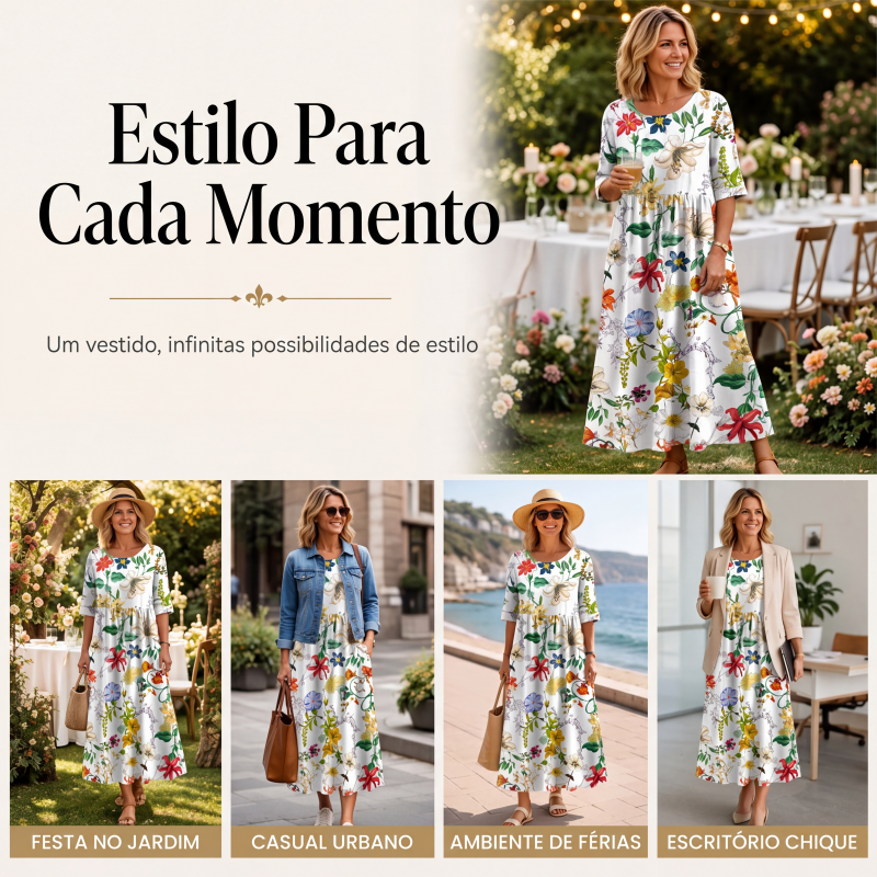 ✨Promoção Quente 50% DE DESCONTO 👗 Vestido Feminino de Manga Curta com Estampa e Bolsos
