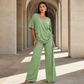 ✨👚Conjunto de top casual com decote em V e calças de perna larga para mulher