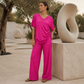 ✨👚Conjunto de top casual com decote em V e calças de perna larga para mulher
