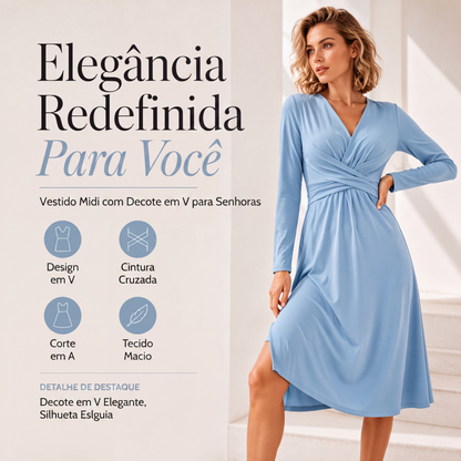 Vestido Midi Feminino Elegante com Decote em V