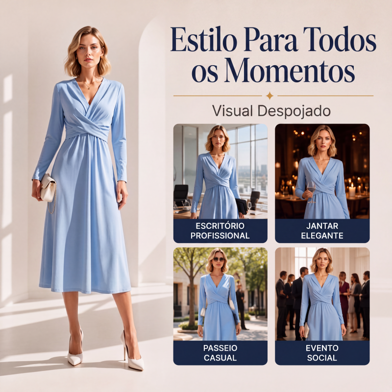Vestido Midi Feminino Elegante com Decote em V