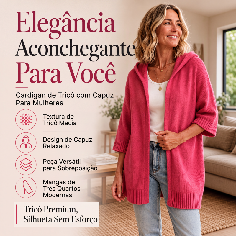 Cardigan de malha com capuz e mangas 3/4 para mulher