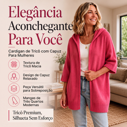 Cardigan de malha com capuz e mangas 3/4 para mulher