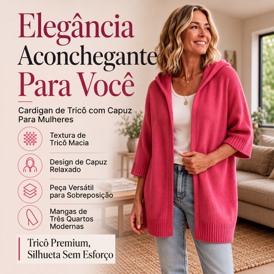 Cardigan de malha com capuz e mangas 3/4 para mulher