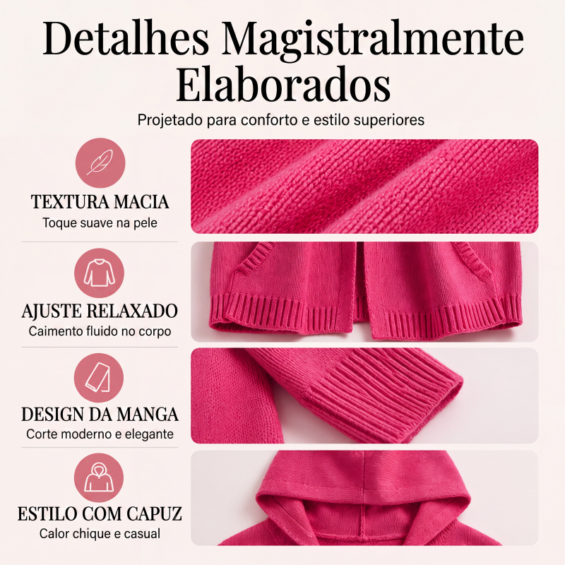 Cardigan de malha com capuz e mangas 3/4 para mulher