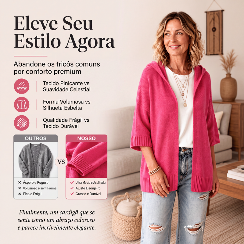 Cardigan de malha com capuz e mangas 3/4 para mulher