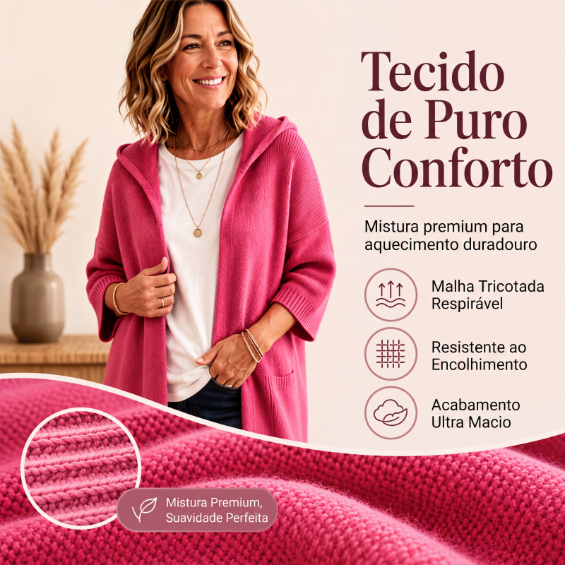 Cardigan de malha com capuz e mangas 3/4 para mulher
