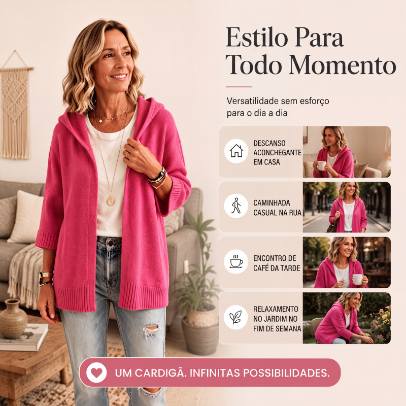 Cardigan de malha com capuz e mangas 3/4 para mulher