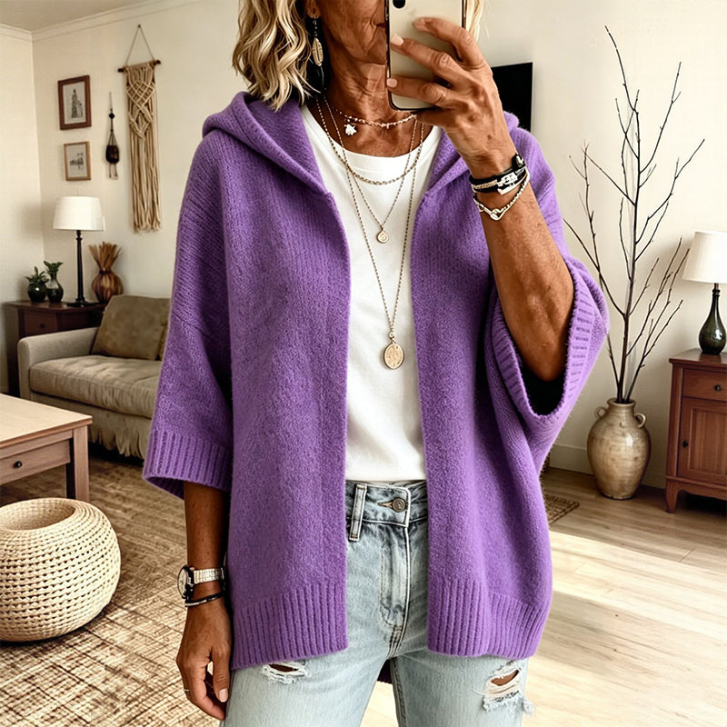 Cardigan de malha com capuz e mangas 3/4 para mulher