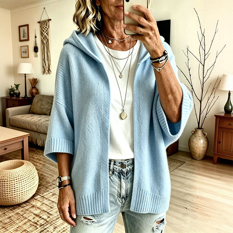 Cardigan de malha com capuz e mangas 3/4 para mulher