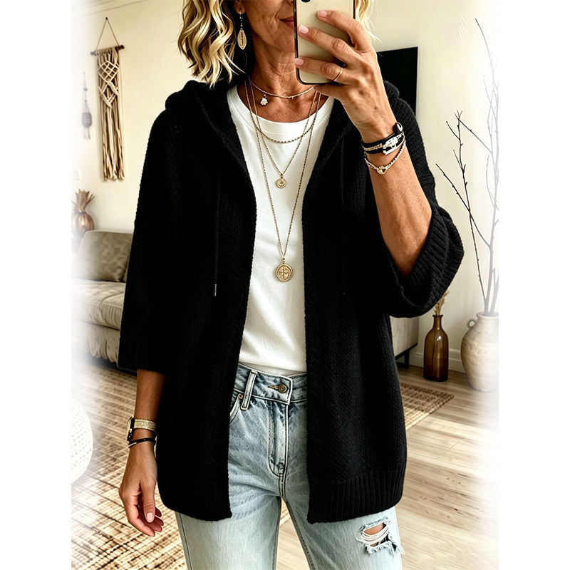 Cardigan de malha com capuz e mangas 3/4 para mulher